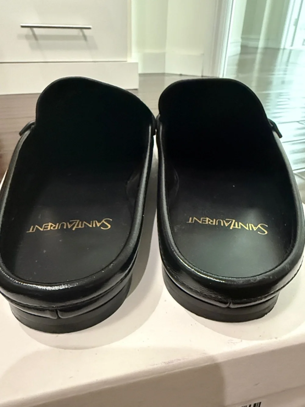 Saint Laurent Black Leather Slip-On Loafers with Gold YSL Accent - Picture 5 of 5